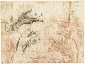 Foglio di schizzi con varie composizioni, tra cui due mani da Simone Cantarini