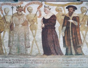 La morte con il re, la regina e il dottore (dettaglio da La danza della morte) da Simone II Baschenis