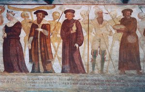 Morte con la regina, il duca, il dottore e il ricco avaro (dettaglio dalla Danza della Morte)