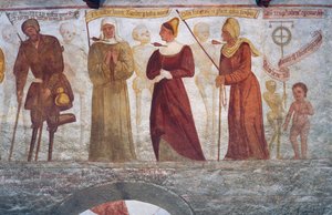 La morte con il zoppo, la suora, la giovane donna, la vecchia e il bambino, dettaglio dalla Danza della Morte da Simone II Baschenis