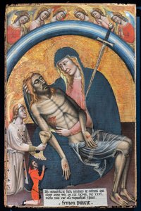 Compianto sul Cristo morto con il cliente, Iohannes de Elthinl, di Simone dei Crocifissi, c. 1368. La Vergine è rappresentata come Nostra Signora dei Dolori, con una spada nel cuore. da Simone dei Crocifissi