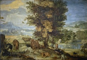 Paesaggio con pastore e animali da Sinibaldo Scorza