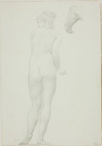 Vista posteriore di donna nuda in piedi e schizzo di un piede