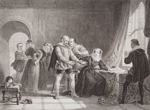 Maria Stuarda costretta a firmare la sua abdicazione nel castello di Lochleven nel 1567, da 