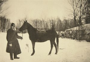 Scrittore russo Lev Tolstoj con un cavallo, Jasnaja Poljana, vicino a Tula, Russia, 1905 da Sophia Andreevna Tolstaya