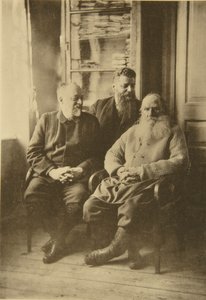 Lo scrittore russo Lev Tolstoj con il politico Mikhail Stakhovich e Mikhail Sukhotin, Russia da Sophia Andreevna Tolstaya