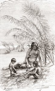 Una famiglia di nativi Sápora su una spiaggia lungo il fiume Napo, Ecuador