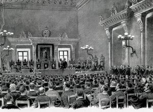 Un raduno di nazionalisti catalani riuniti nel Municipio di Manresa, per la redazione delle 16 basi per servire la costituzione regionale catalana nel 1892. Disegno di Jaume Pahissa