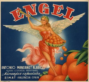 Pubblicità per le arance, immagine di una donna alata. Manifesto pubblicitario, Valencia