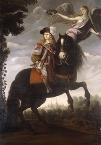 Ritratto Equestre di Re Carlo II, a figura intera, in un Cappotto Rosso con Rifiniture Bianche, incoronato con un Alloro da un Angelo, Madrid in Distanza da Spanish School
