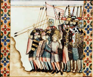 Esercito dei crociati (dettaglio) di una pagina tratta da un manoscritto del Canto di Santa Maria (Cantigas de Santa Maria), decorato con miniature dedicate a Santa Maria e ai suoi miracoli, una raccolta di canti redatta sotto il regno di Alfonso X il sagg da Spanish School