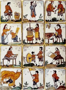 Mestieri artigianali: calzolaio, bottaio, fabbricante di cesti di vimini, vinificatore, disegnatore, musicista, mungitura delle mucche, arrotino, contadino, ebanista. Piastrelle in ceramica catalana (Spagna) da Spanish School
