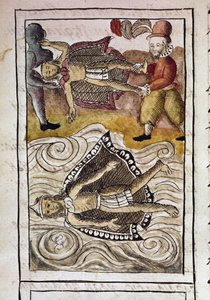 Codice della conquista del Messico: i corpi di Itzquauhtzin e Montezuma, o Moctezuma II imperatore azteco (1466-1520), vengono gettati fuori dal palazzo dagli spagnoli