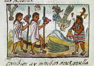 Codice della conquista del Messico: mercanti travestiti a Tzinacantlan. Miniatura del manoscritto fiorentino 
