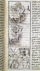 Codice della conquista del Messico: gli spagnoli pronti ad attaccare la città di Tenochtitlan. Miniatura del manoscritto fiorentino 