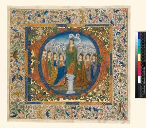 Collage con iniziale istoriata e bordo da un Salterio del Coro, c. 1482-1492 (pergamena) da Spanish School