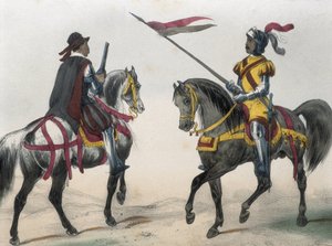 DE SOTTO, Serafin Maria, Conte di Clonard (1793 - 1862). Historia organica de las armas de Infanteria y Caballeria espanolas. 1851 - 1859. Cavalieri durante il regno di Filippo II di Spagna. "Heraldo de caballeria" (araldo delle armi) e "hombre de armas" (