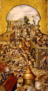 Rappresentazione delle atrocità commesse durante la conquista del Tempio Maggiore e della piazza Zocalo da Spanish School