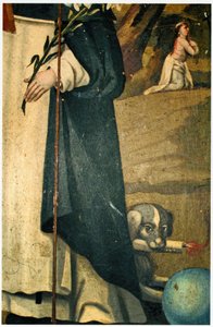 (dettaglio) che mostra il giglio, il bastone e il cane con la torcia, attributi di San Domenico da Spanish School