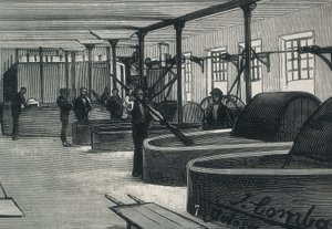 Economia (XIX secolo). Fabbrica di carta in Spagna "La Guipuzcoana". Sala dei cilindri e lavanderia della fabbrica situata a Tolosa (Guipuzcoa). Incisione