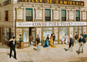 Moda: manifesto pubblicitario per il negozio di tessuti "Conde Puerto" boutique Barcellona. XIX secolo