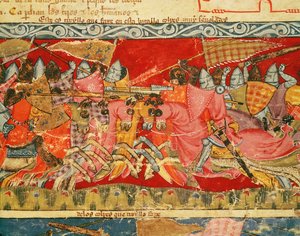 Fol.110r Battaglia tra Greci e Troiani, dal Codice Benito Santa Mora da Spanish School