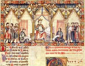 La corte di Alfonso X il Saggio, miniatura dalle Cantigas de Santa Maria da Spanish School