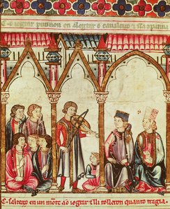 Gruppo di trovatori, illustrazione dalle Cantigas de Santa Maria, realizzata sotto la direzione di Alfonso X (Il Saggio) re di Castiglia e León (1221-84) da Spanish School