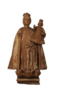Scultura in legno duro della Madonna con bambino, coloniale spagnolo da Spanish School