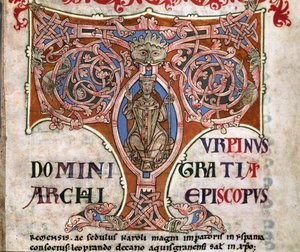 Iniziale T con una rappresentazione di Carlo Magno, illustrazione dal Codex Calixtinus da Spanish School