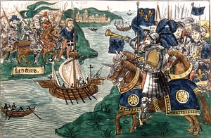 Re Luigi IX e i crociati che arrivano a Cartagine nel 1270 da Spanish School