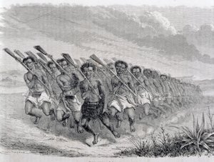Guerrieri Maori che eseguono una danza di guerra, illustrazione da 