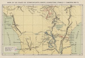 Mappa che mostra i viaggi degli esploratori Georg August Schweinfurth, Samuel Baker, David Livingstone, Henry Morton Stanley e Verney Lovett Cameron in Africa