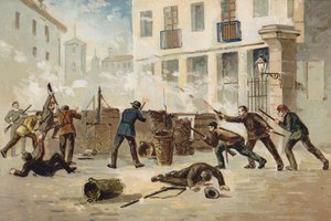 Membri della Milizia Nazionale a Valencia che rifiutano di disarmarsi, Spagna, 1873 da Spanish School