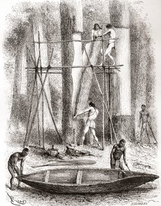 Indiani nativi che costruiscono una canoa sulle rive del fiume Oyapock o Oiapoque, Sud America (incisione) da Spanish School