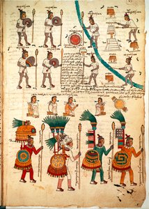 Pagina dal Codice Mendoza che mostra guerrieri aztechi armati di lance e scudi, c.1541-42 da Spanish School