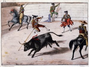 Salto della perca, corrida in Spagna, litografia spagnola, XIX secolo