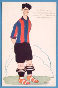 Cartolina che raffigura una caricatura del calciatore spagnolo Vicente Piera del Barcellona da Spanish School