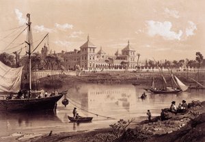Siviglia, Palazzo San Telmo sulla riva del fiume Guadalquivir. Andalusia, Spagna (XIX secolo). Madrid, Biblioteca Nazionale. da Spanish School