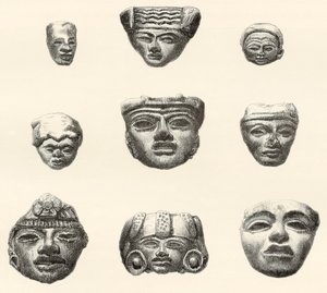 Teste di pietra e maschere trovate a Teotihuacan, Messico da Desiré Charnay durante la sua spedizione nel 1880-1883