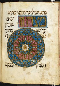 La Matsah (pane azzimo), uno dei cibi obbligatori consumati durante la festa di Pasqua, da The Golden Haggadah, Add. 27210, f. 44v da Spanish School