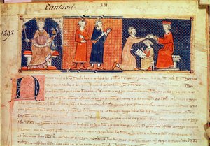 Il signore feudale predica il suo sermone davanti al re di Maiorca, Giacomo I (1207-76) dal Capbreu de Clayra et de Millas, 1292 da Spanish School
