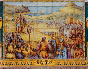 Piastrelle raffiguranti lo sbarco di Amilcare e suo figlio Annibale ad Akra Leuce durante la Prima Guerra Punica (264-241 a.C.) da Spanish School