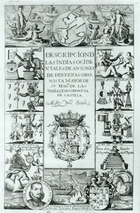 Pagina del titolo di Descrizione delle Indie Occidentali di Antonio de Herrera y Tordesillas, edizione di Madrid, 1725