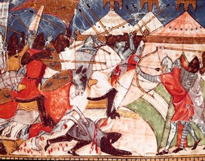 Guerra di Troia: i Troiani invadono il campo militare dei guerrieri greci. Dettaglio di una miniatura dal manoscritto spagnolo 