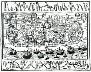 Veduta di Lisbona dal Libro de Grandezas y cosas Memoralder de Espana di Pedro Medina, 1548 da Spanish School