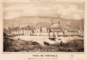 Veduta della città di Tortosa in Spagna, in "Historia de Cabrera y de la Guerra Civil" di Damaso Calbo y Rochina de Castro da Spanish School