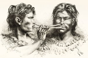 Indiani Witoto o Huitoto, popolo indigeno del sud-est della Colombia e del nord del Perù, che prendono tabacco da fiuto