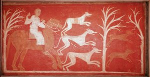 Scena di caccia che raffigura cani che inseguono la selvaggina, 1150. Affresco dall