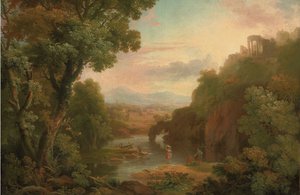 Un paesaggio classico con pescatori e lavandaie, una villa in cima a una collina e le montagne al di là. da Sr. George Barret